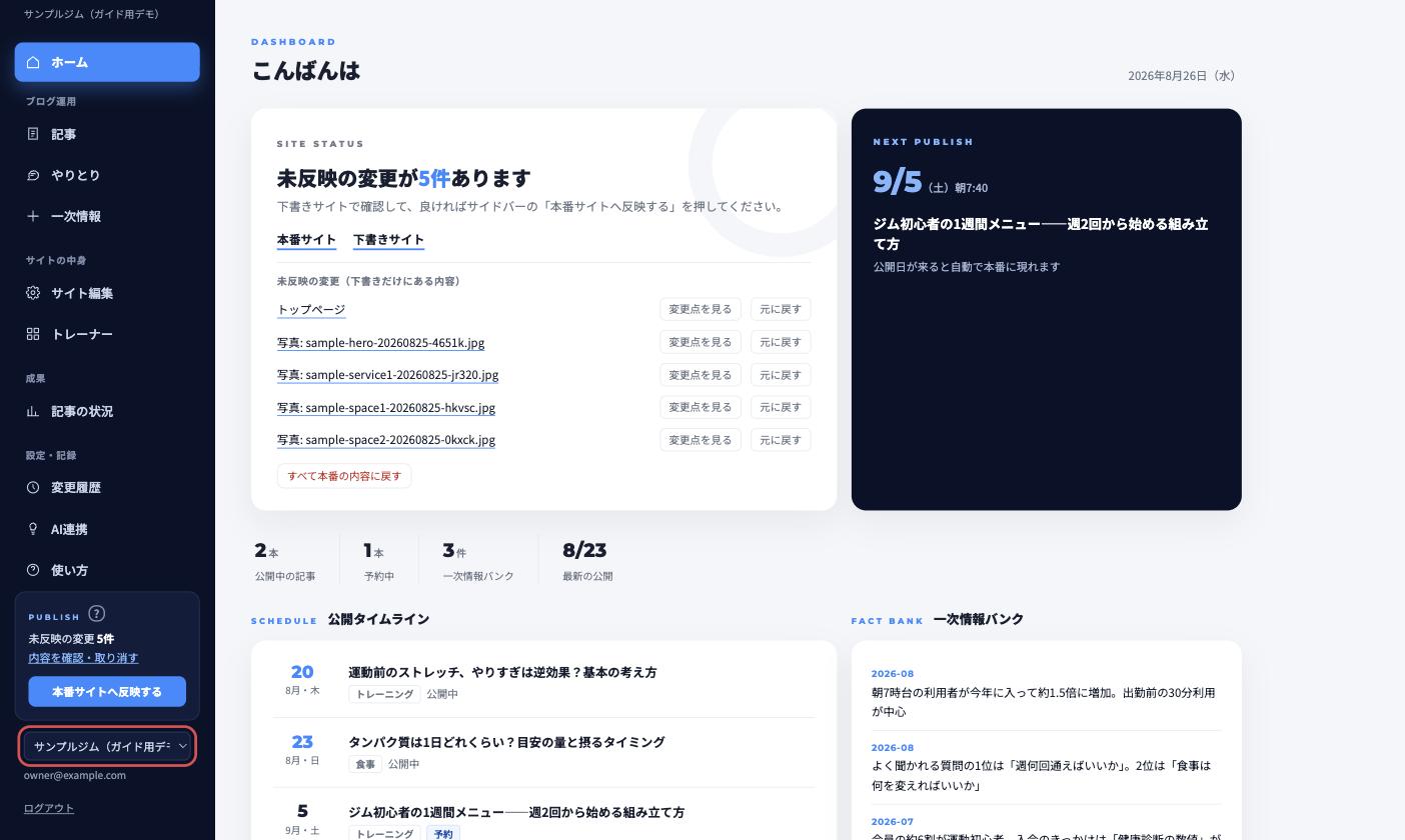 左メニュー下のプルダウン（赤枠）で、いま見ているサイトを切り替えます